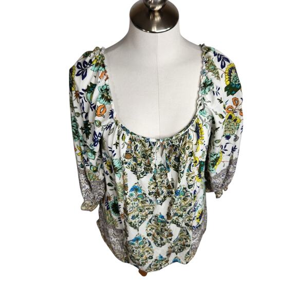 Fig & Flower Top Womens‎ Size XL White Colorful Floral Scoop Neck Boho Peasant - Picture 1 of 9